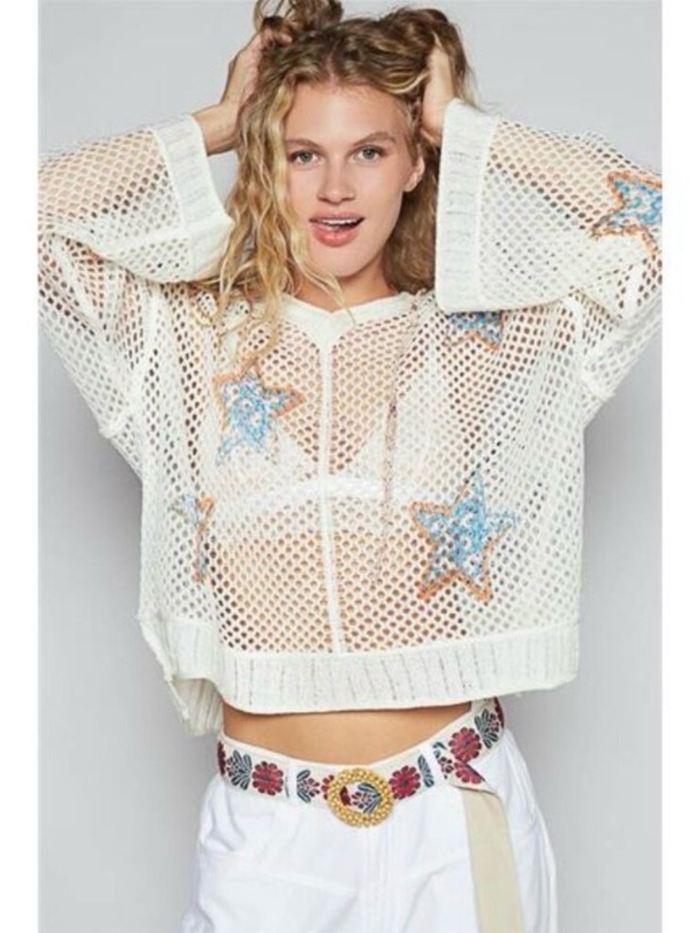 POL Mesh Open Knit Boho Star Print Hooded Sweater Size Medium